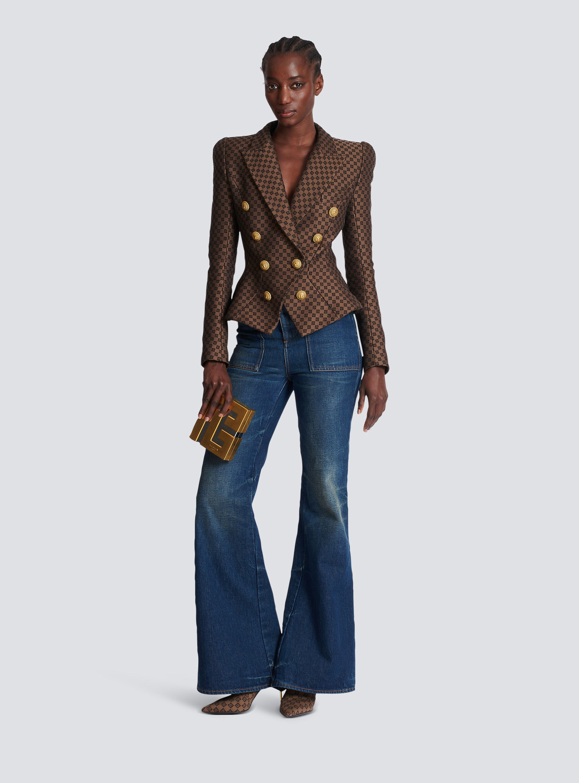Balmain 8-button Monogram Jacquard Blazer Jacket In Brown