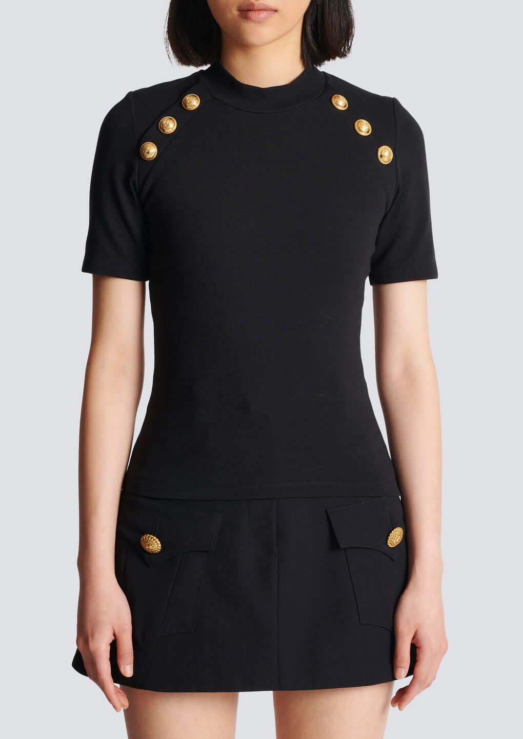 Balmain Sleeveless Black Crop Knit Top With Gold Buttons