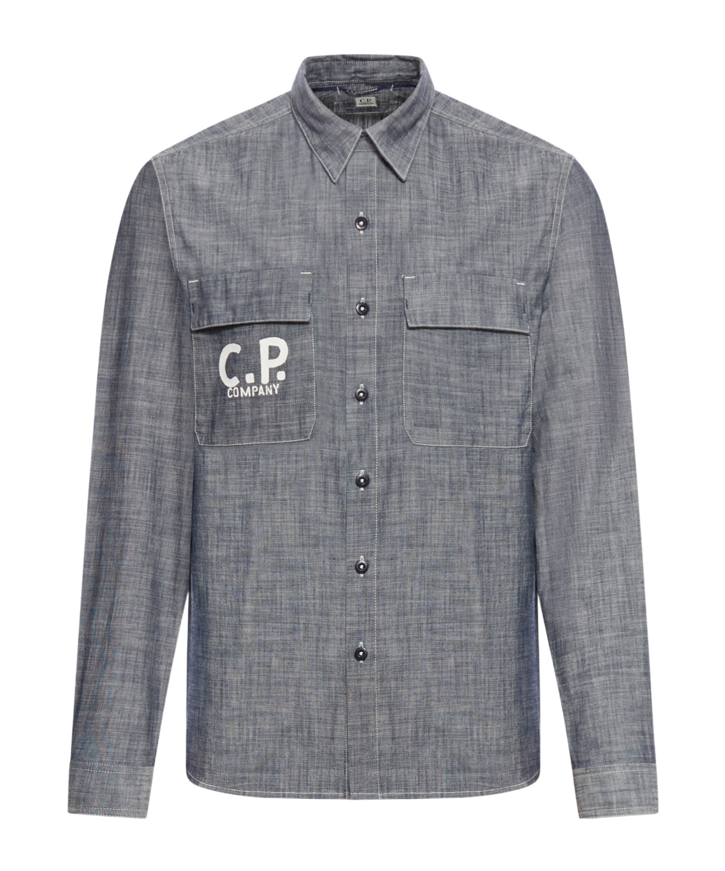 C.p. Company Chambray Long Sleeved Logo Shirt In Gray