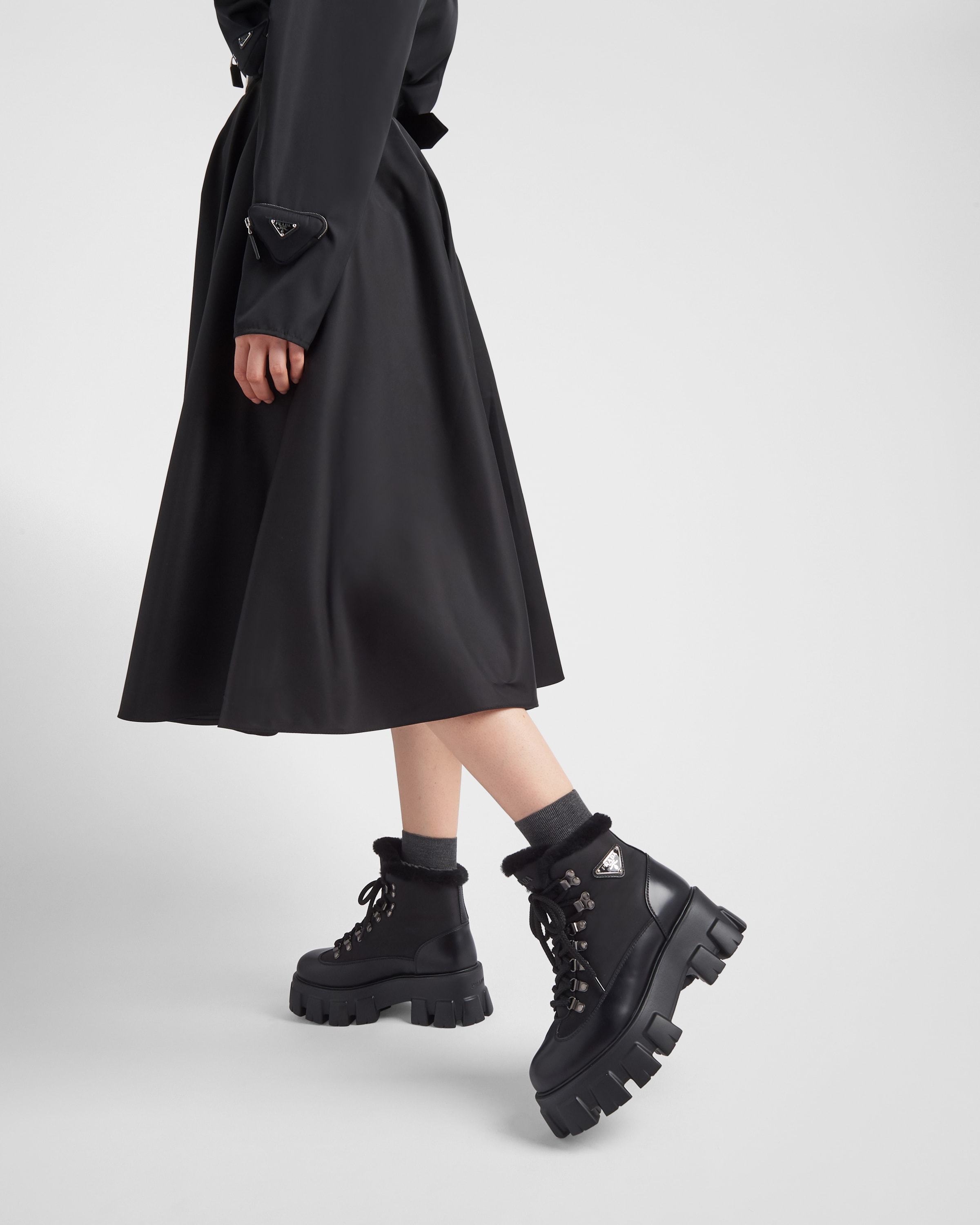 Prada Monolith Laced Short Boots In Black