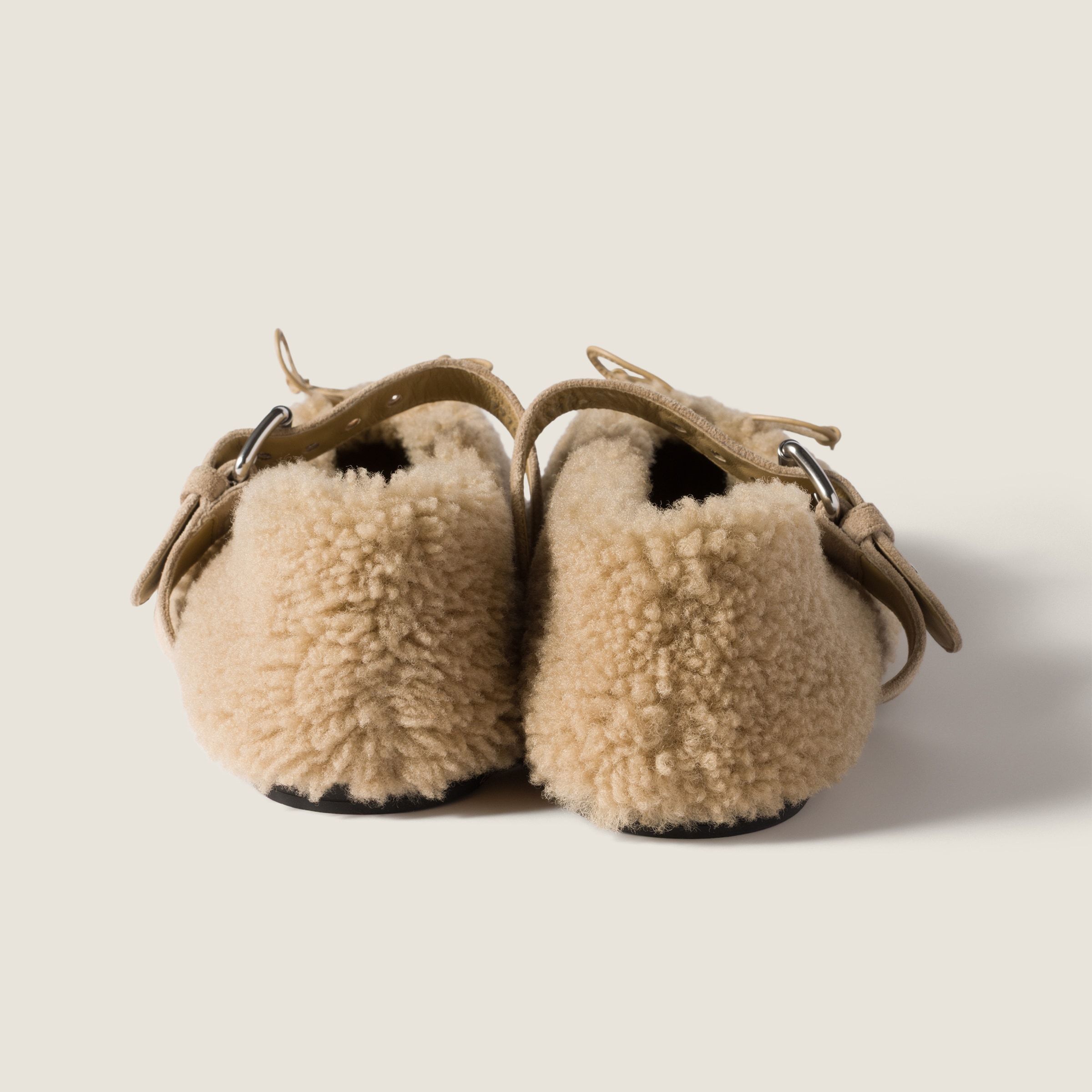 Miu Miu Shearling Mary Jane Ballerina Flats In Nude
