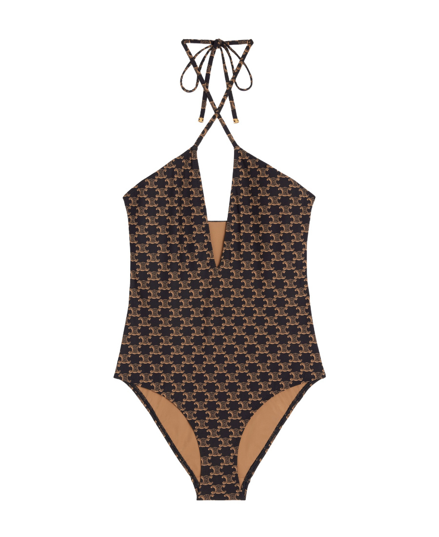 Celine Matte Plain Knitted Letter Combination Swimsuit In Brown