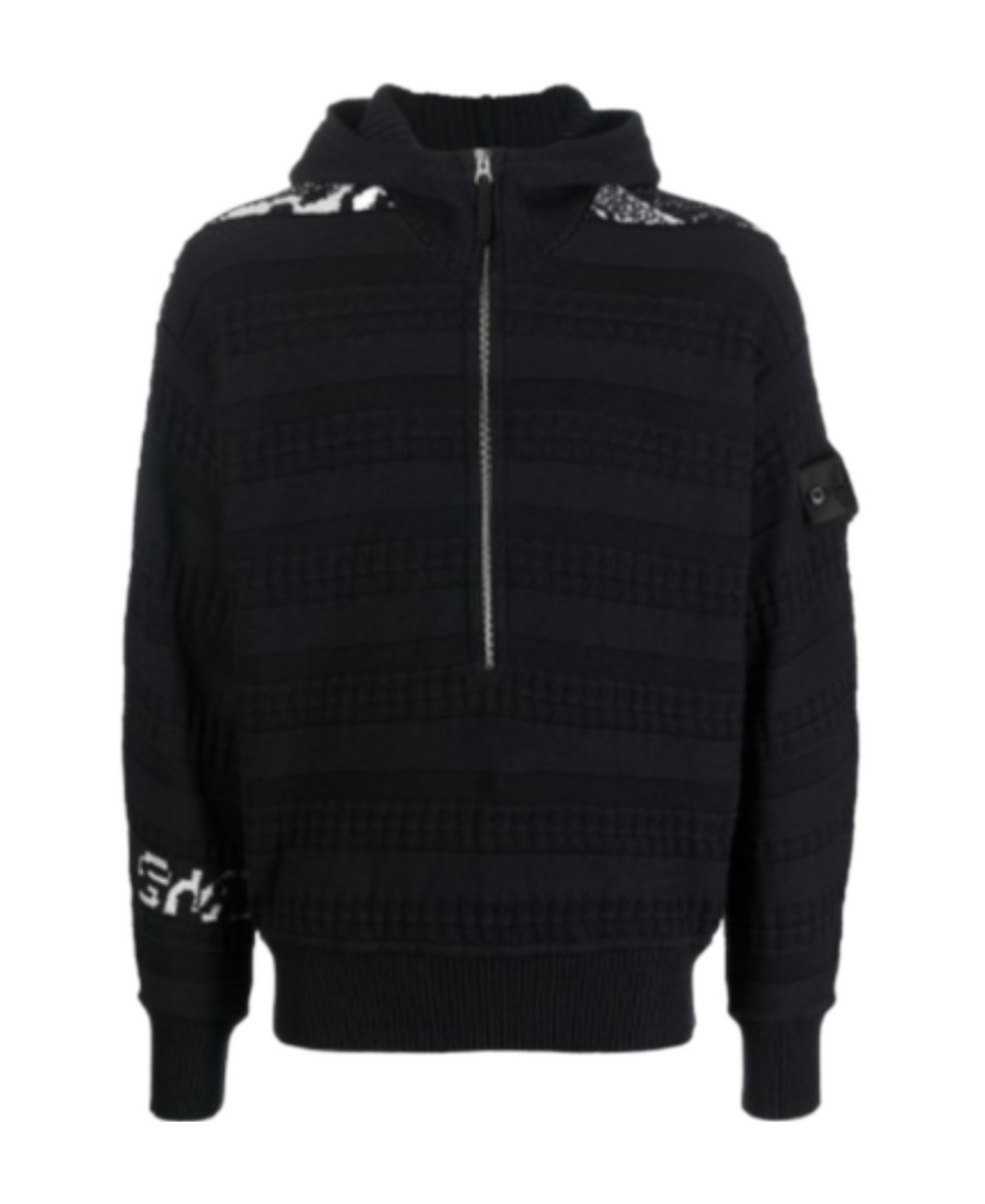 Stone Island Graphic-print Knitted Hoodie In Black