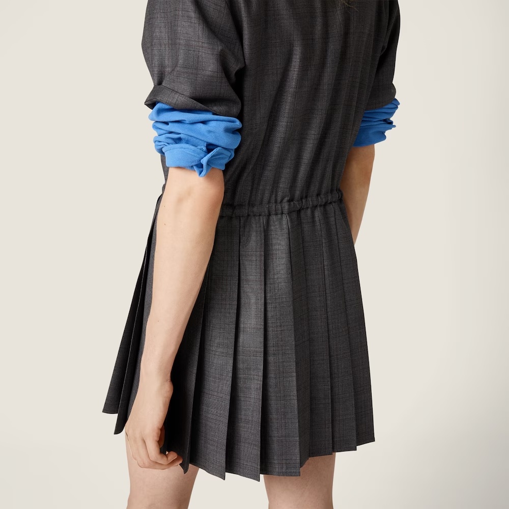 Miu Miu Prince Of Wales Pleated Short Dress In Gray