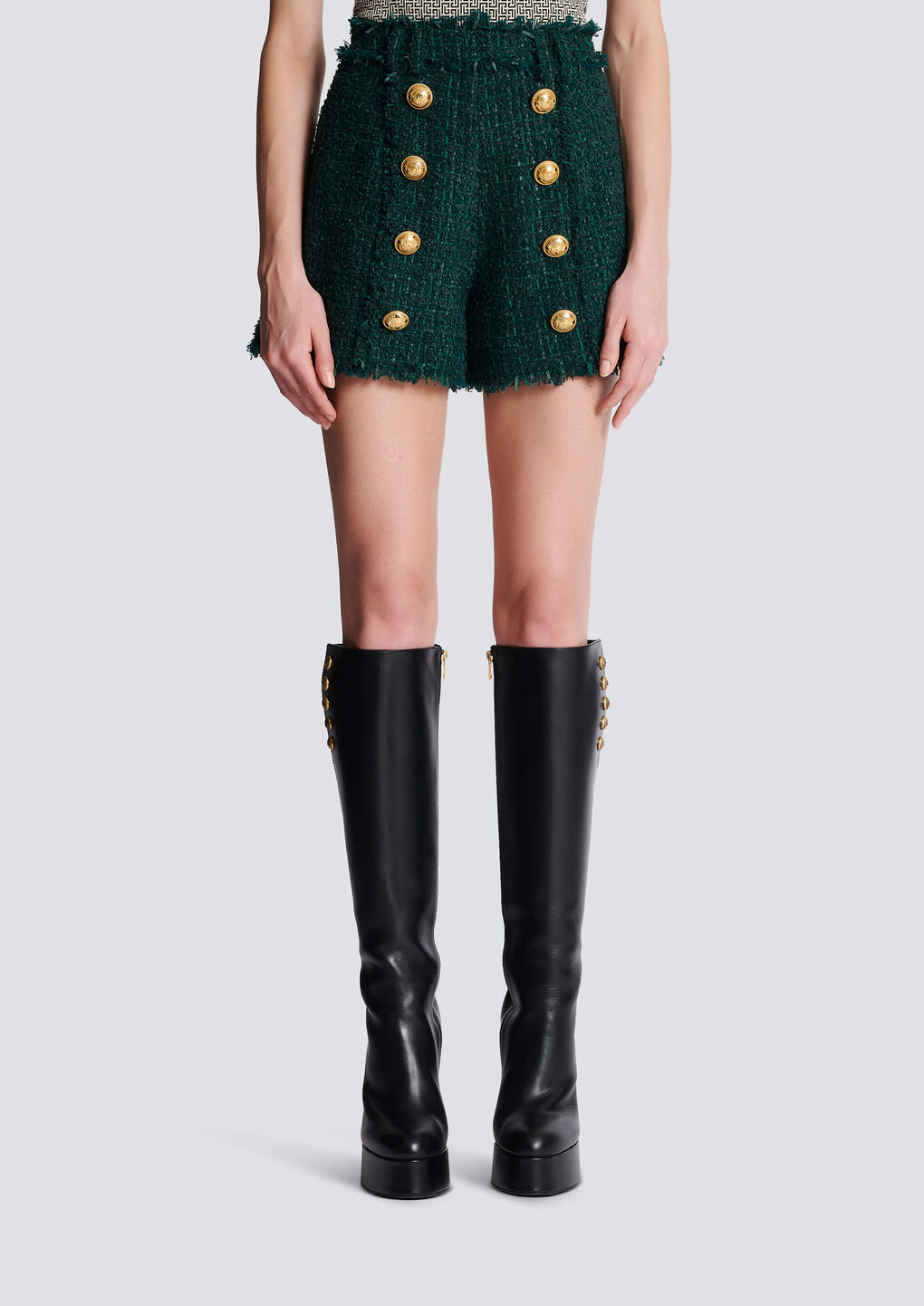 Balmain Frayed Button-embellished Bouclé Shorts In Green