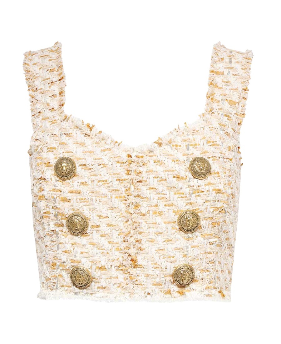 Balmain Button-embellished Tweed Cropped Top In Nude