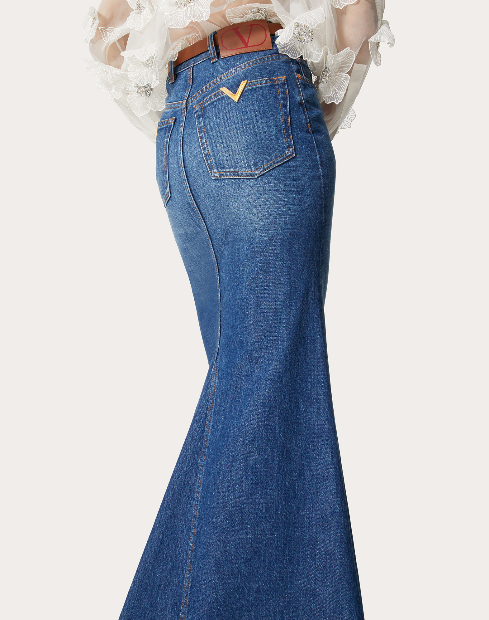 Valentino High Waist Denim Long Skirt In Blue