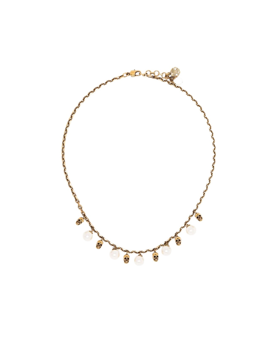 Alexander Mcqueen Skull-detail Pearl-embellished Necklace In Yellow