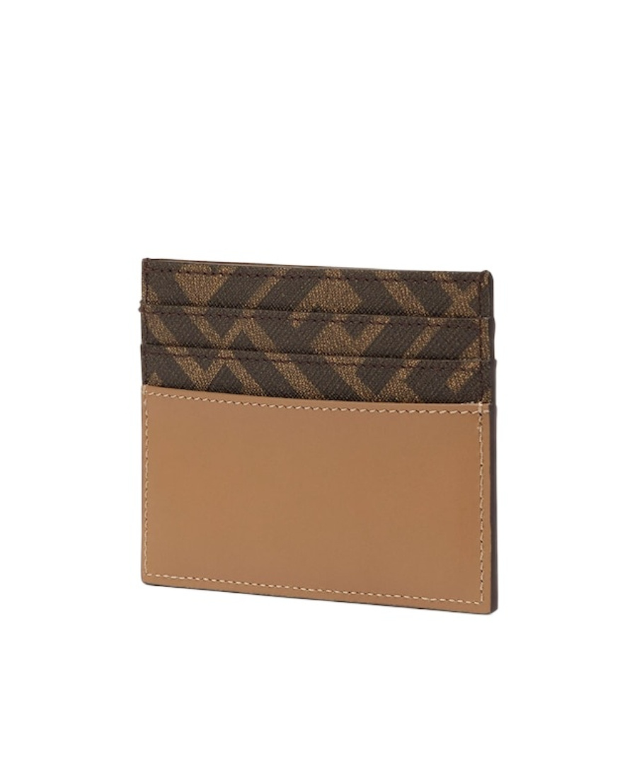 Fendi Squared Leather Card Holder With Ff Fabric Accents In Brown