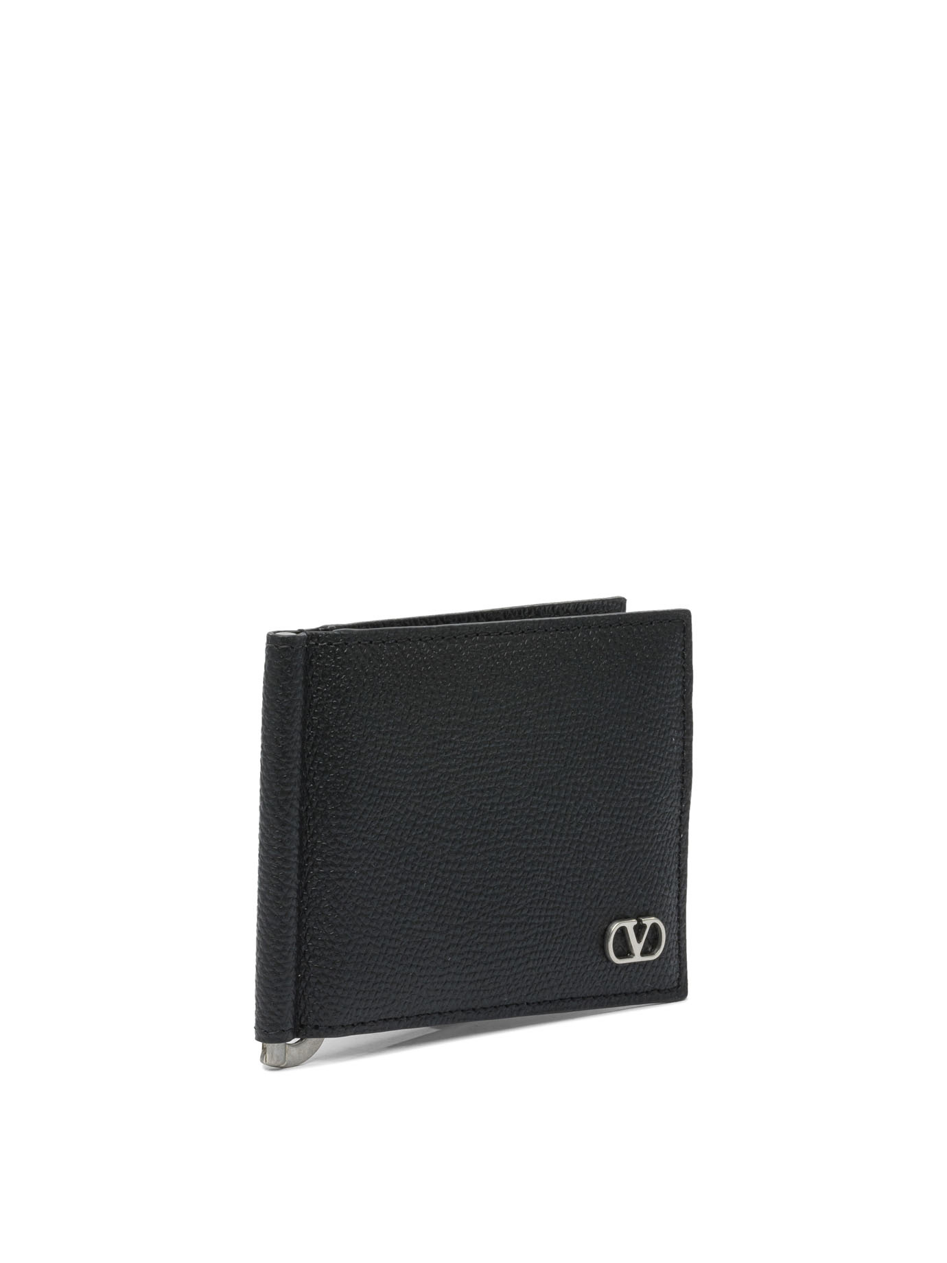 Valentino Garavani Vlogo Signature Grainy Calfskin Bi-fold Wallet With Money Clip In Black