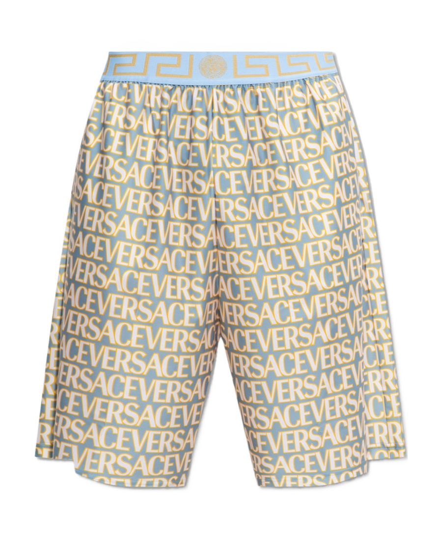 Versace Greca Border Logo-print Swim Shorts In Nude