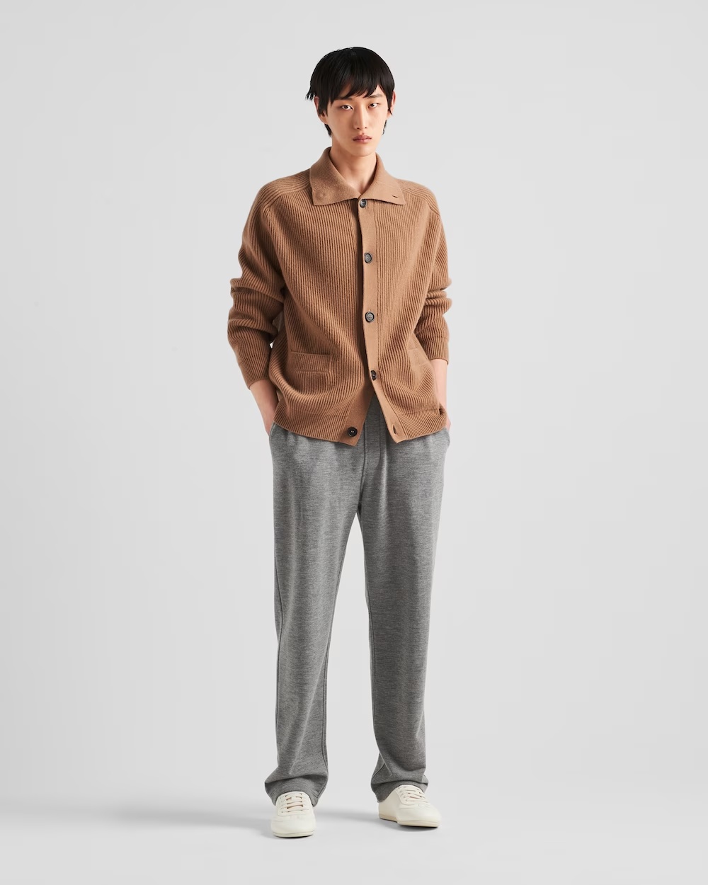 Prada Cashmere Ribbed Texture Cardigan With Patch Pockets In Brown