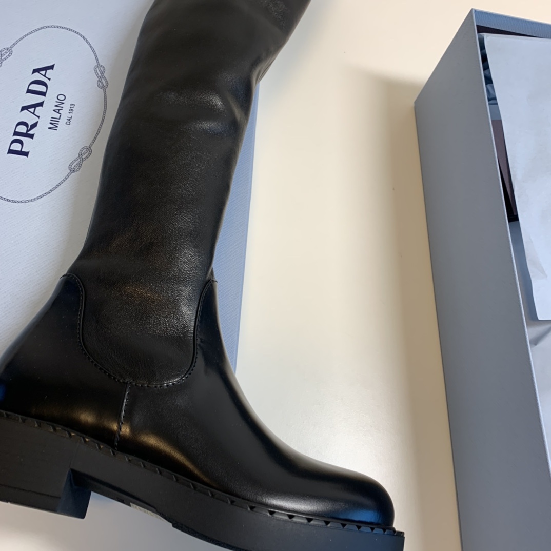 Prada Leather Knee Boots In Black