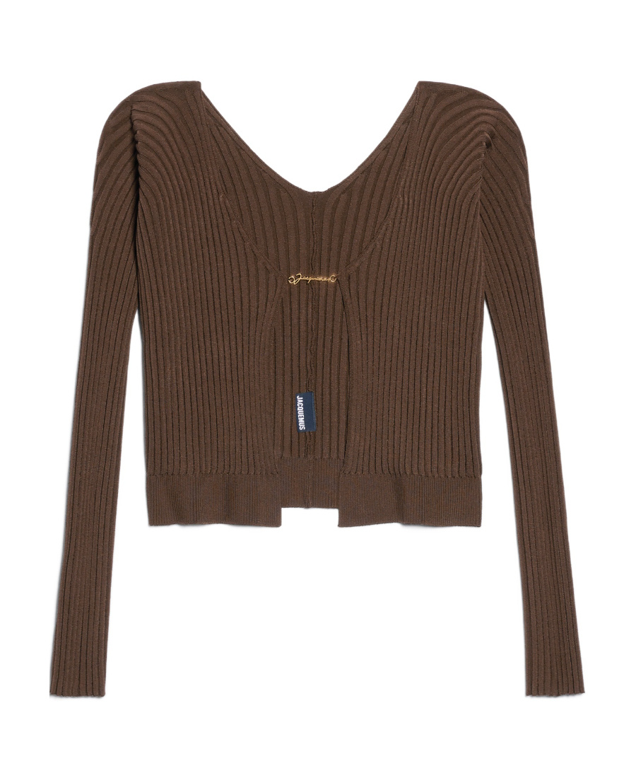 Jacquemus 'la Maille Pralu Longue' Brown Ribbed Cardigan With Logo Charm In Viscose Woman In Brown
