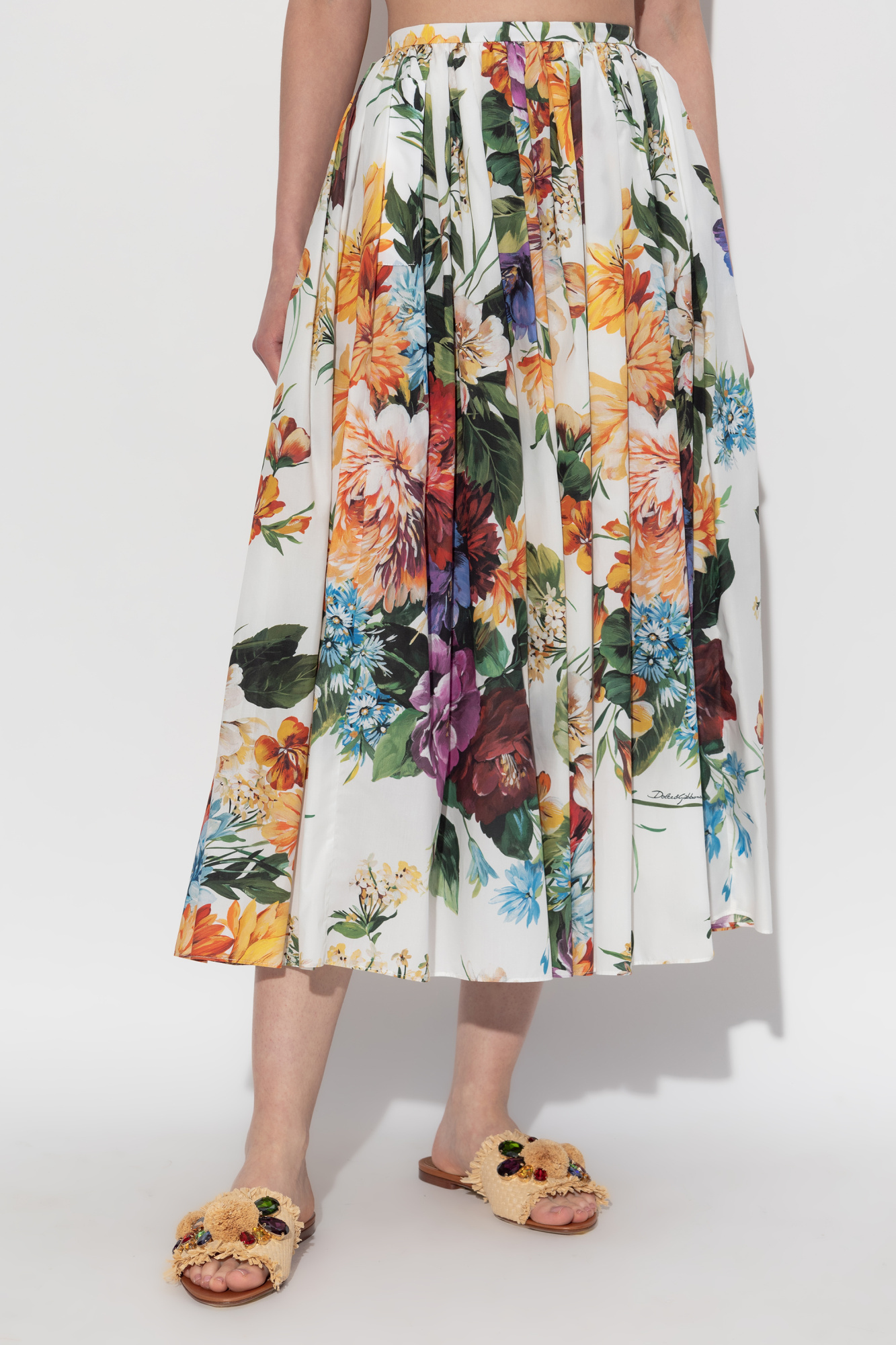Dolce & Gabbana Flower Bouquet Pleated Popeline Midi Skirt In Multi
