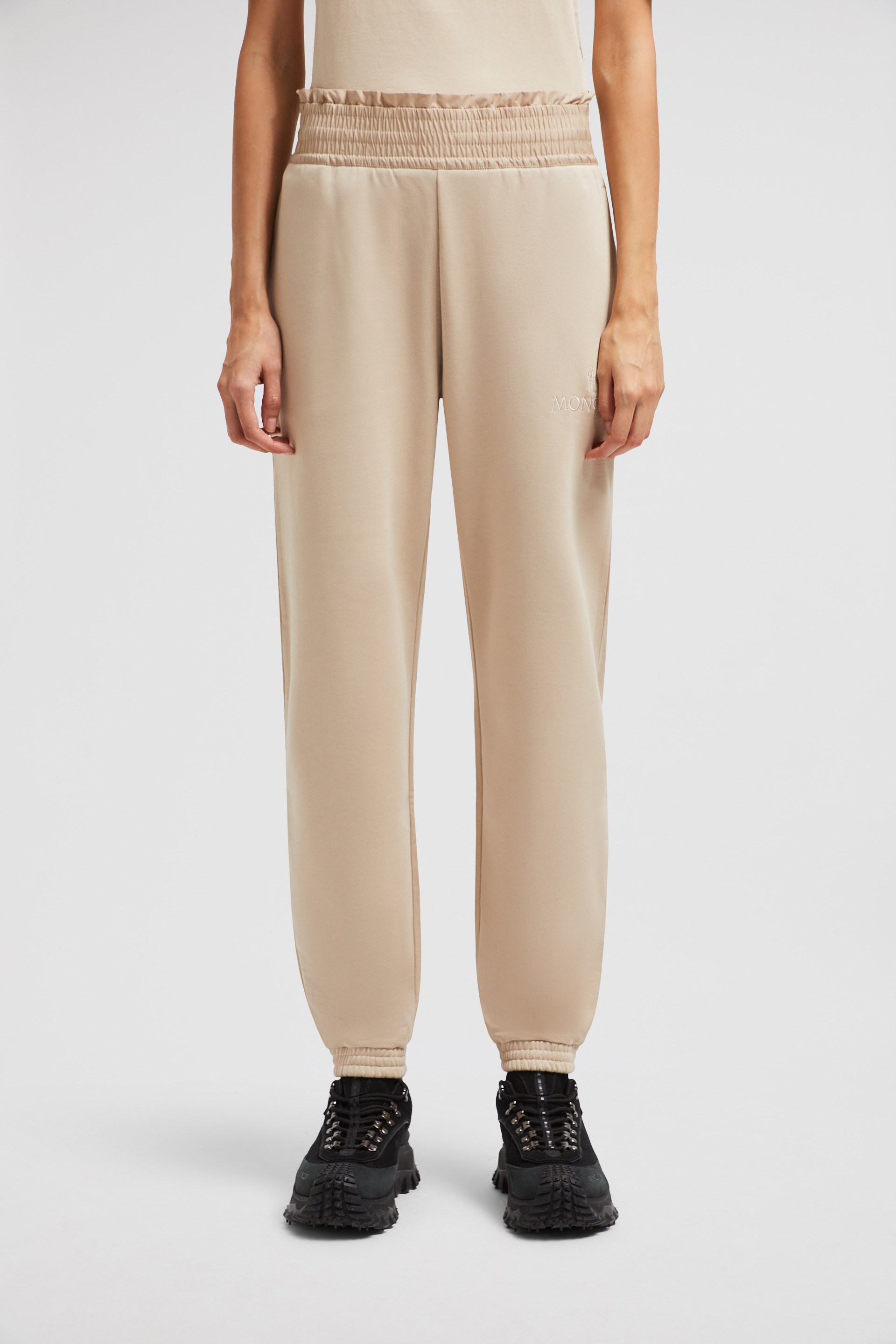 Moncler Embroidered Logo Cotton Sweatpants Beige In Nude