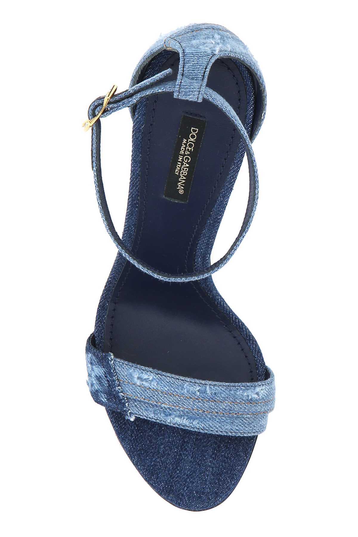 Dolce & Gabbana Patchwork Denim Sandals With Baroque Dg Heel In Blue