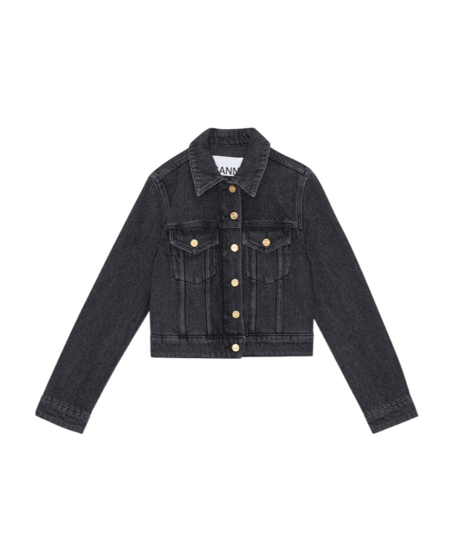 GANNI WASHED BLACK HEAVY CROPPED DENIM JACKET 