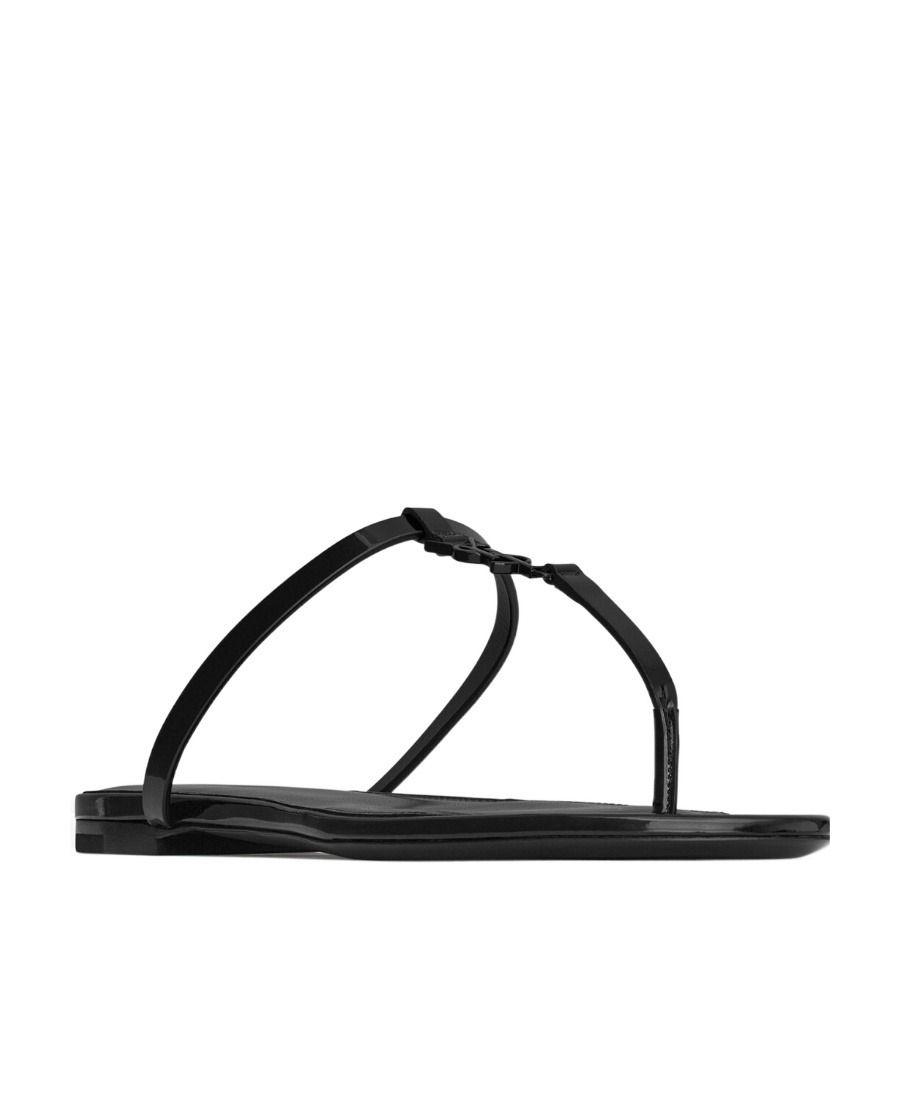 Saint Laurent Smooth Leather Cassandra Triangular Upper Flat Sandals Shoes In Black