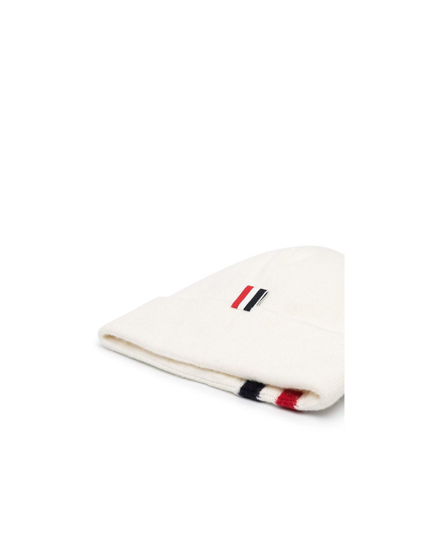 Thom Browne Stripe Detail Merino Beanie In White