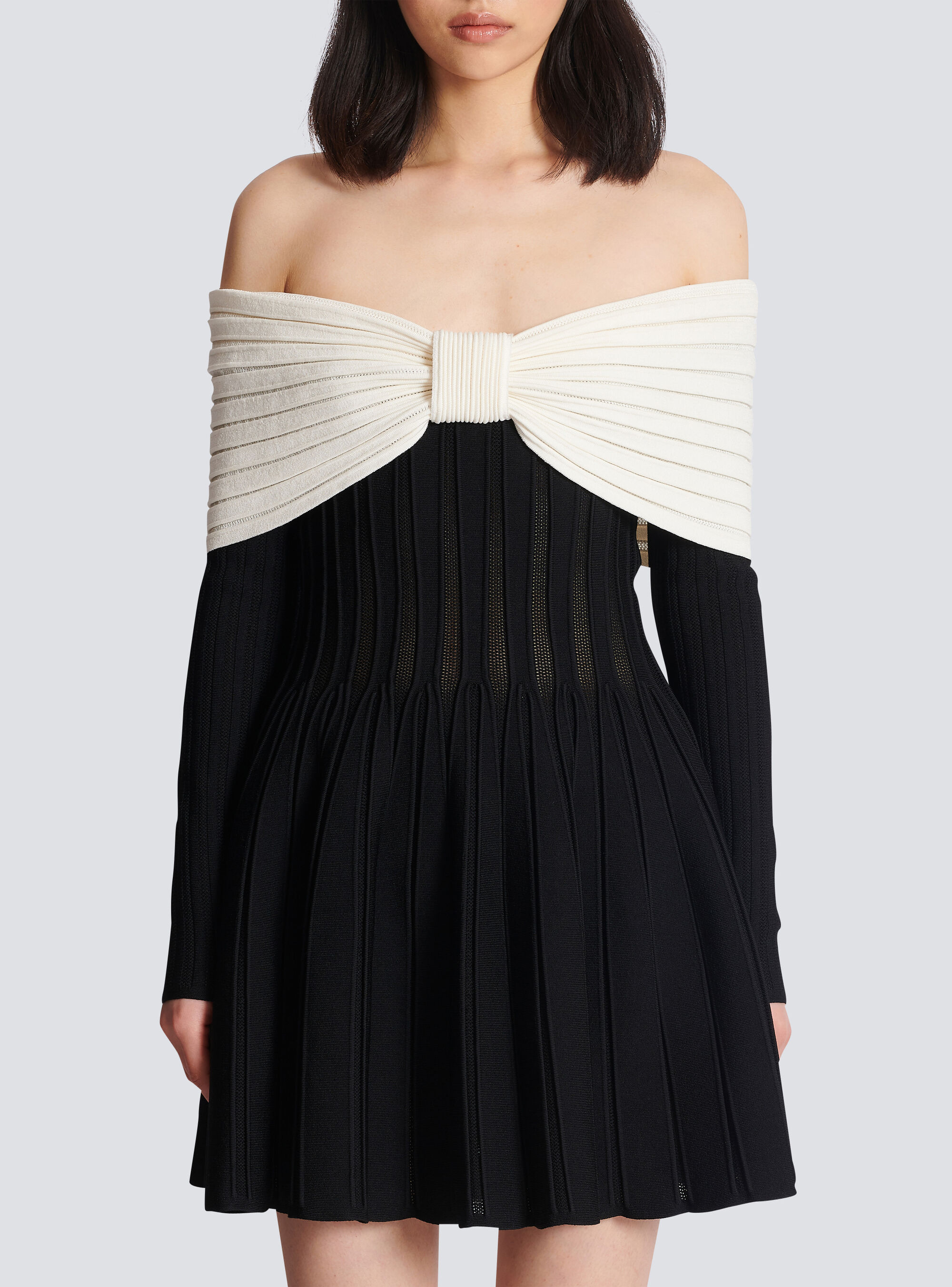Balmain Off-the-shoulder Two-tone Ribbed-knit Mini Dress In Black
