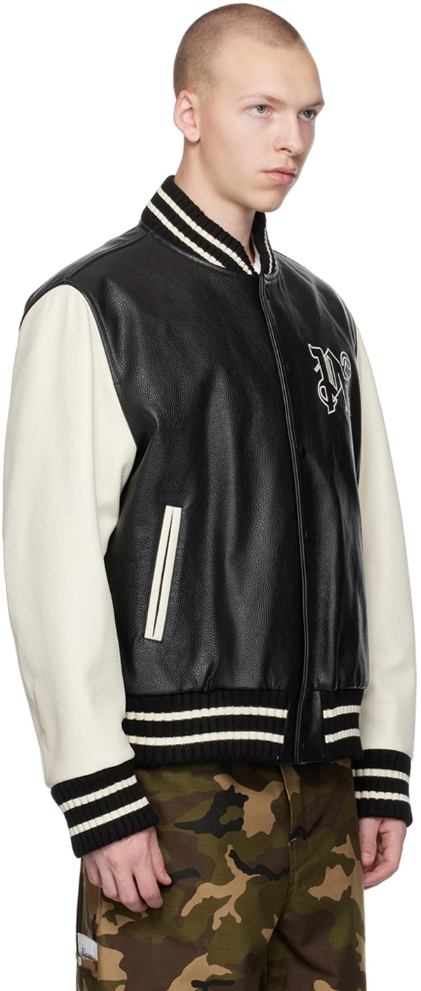 Palm Angels Monogram-print Leather Varsity Jacket In Black