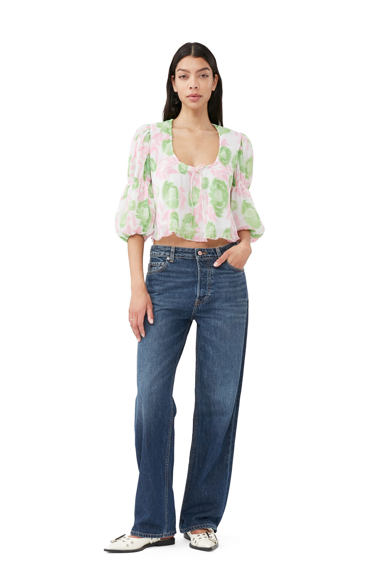 Ganni Short Sleeve Pleated Georgette U-neck Blouse In Pink