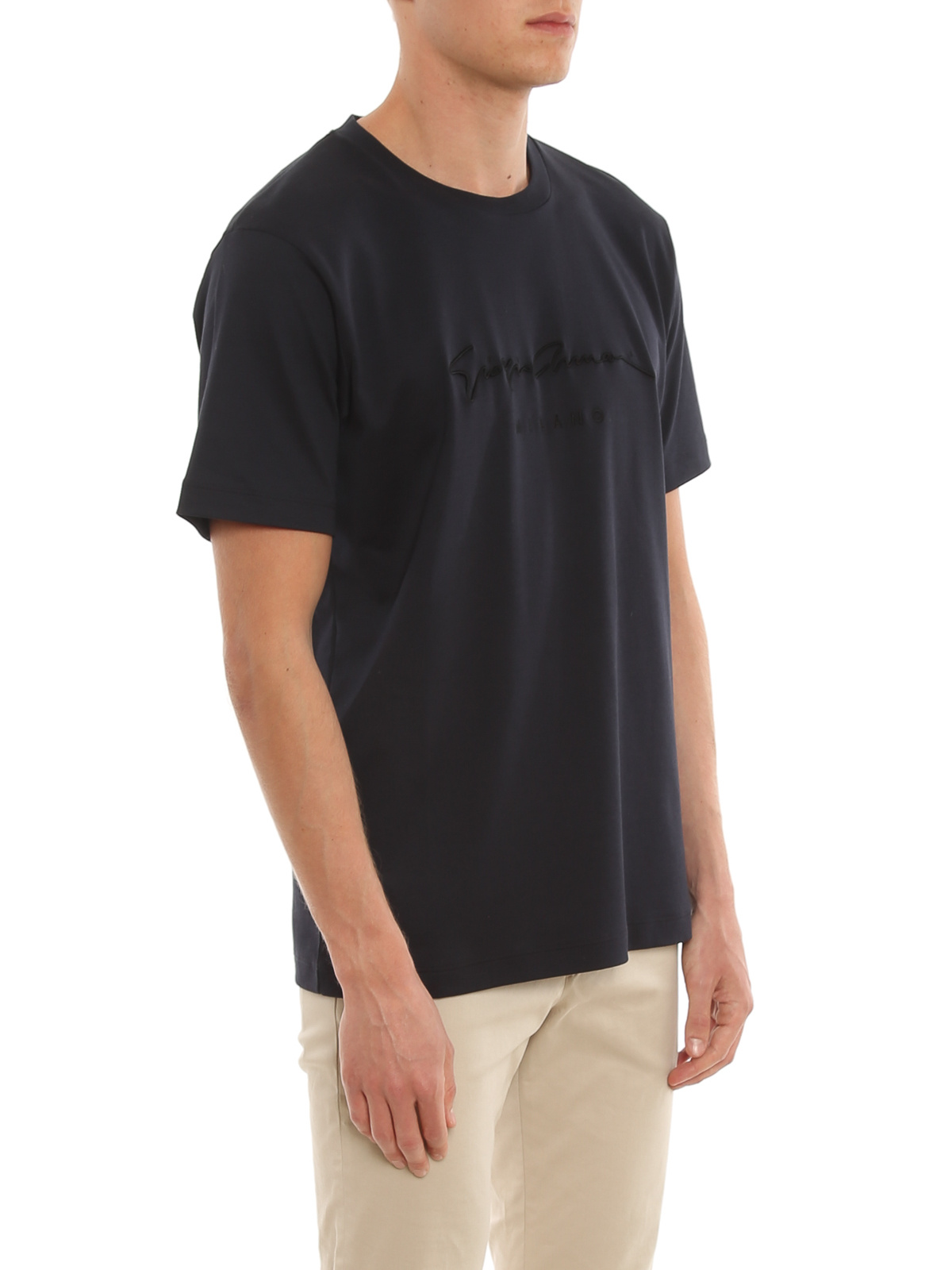 Shop Giorgio Armani Embroidered-logo T-shirt In Black