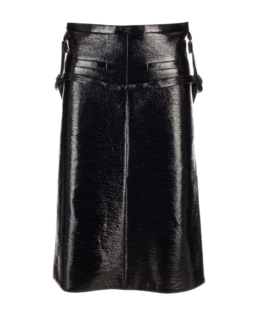 COURRÈGES STRAP-DETAILED CRINKLED-PATENT MIDI SKIRT 