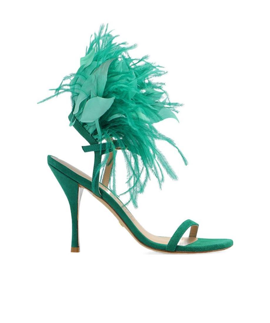 Stuart Weitzman Feather Detail Stiletto Heel Sandals In Green