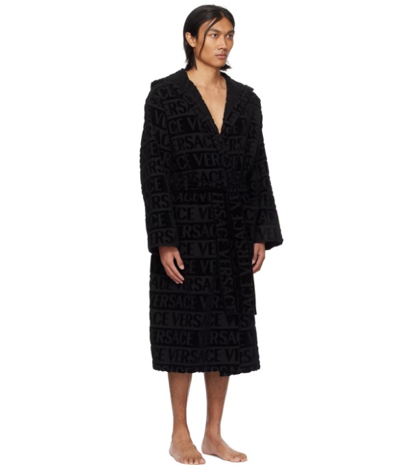 Versace Logo Towelling Belted Robe In Black