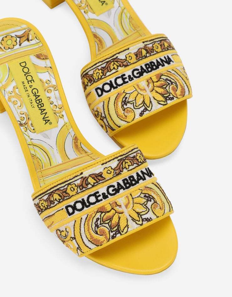 Dolce & Gabbana Karol Embroidered Block-heel Slide Sandals In Yellow