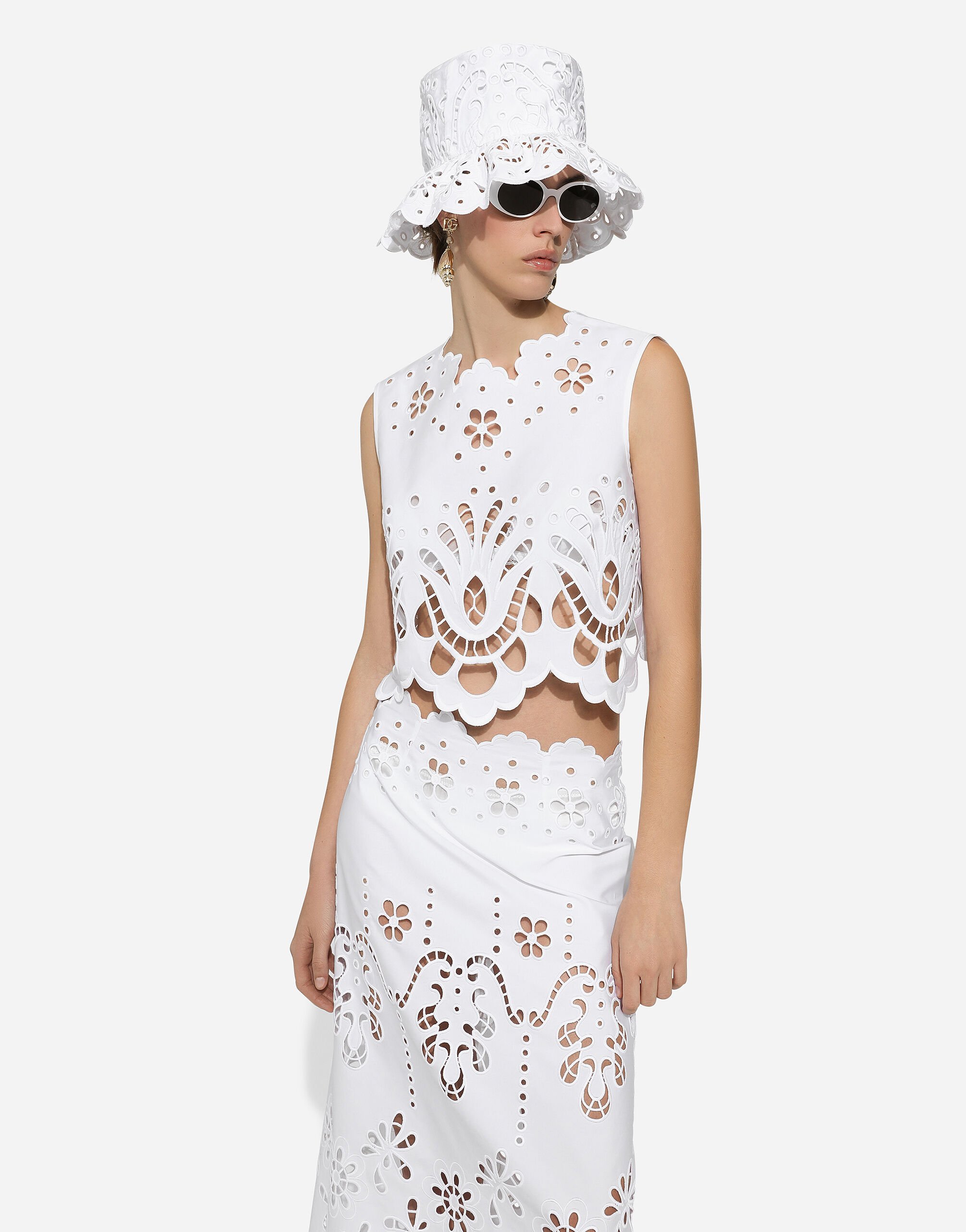 Dolce & Gabbana Cutout Embroidered Cotton Popeline Crop Blouse In White