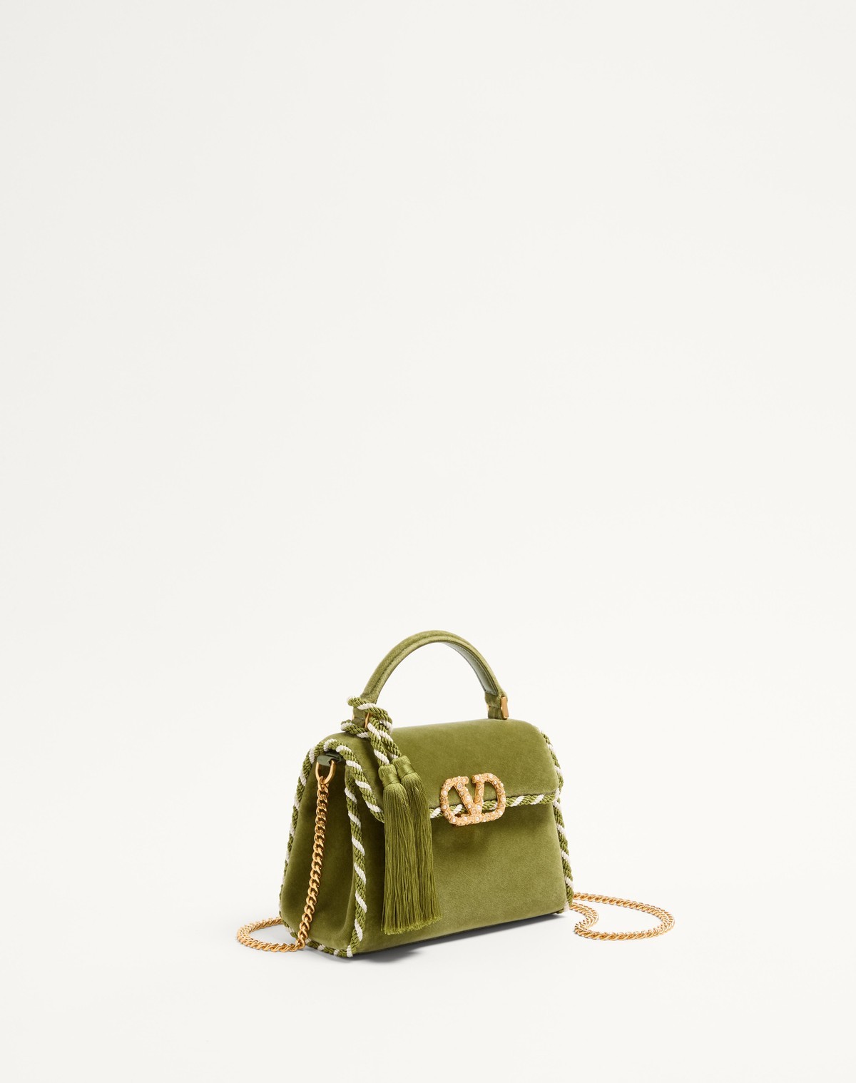 Valentino Garavani Mini Vsling Handbag In Velvet With Jewel Logo In Green
