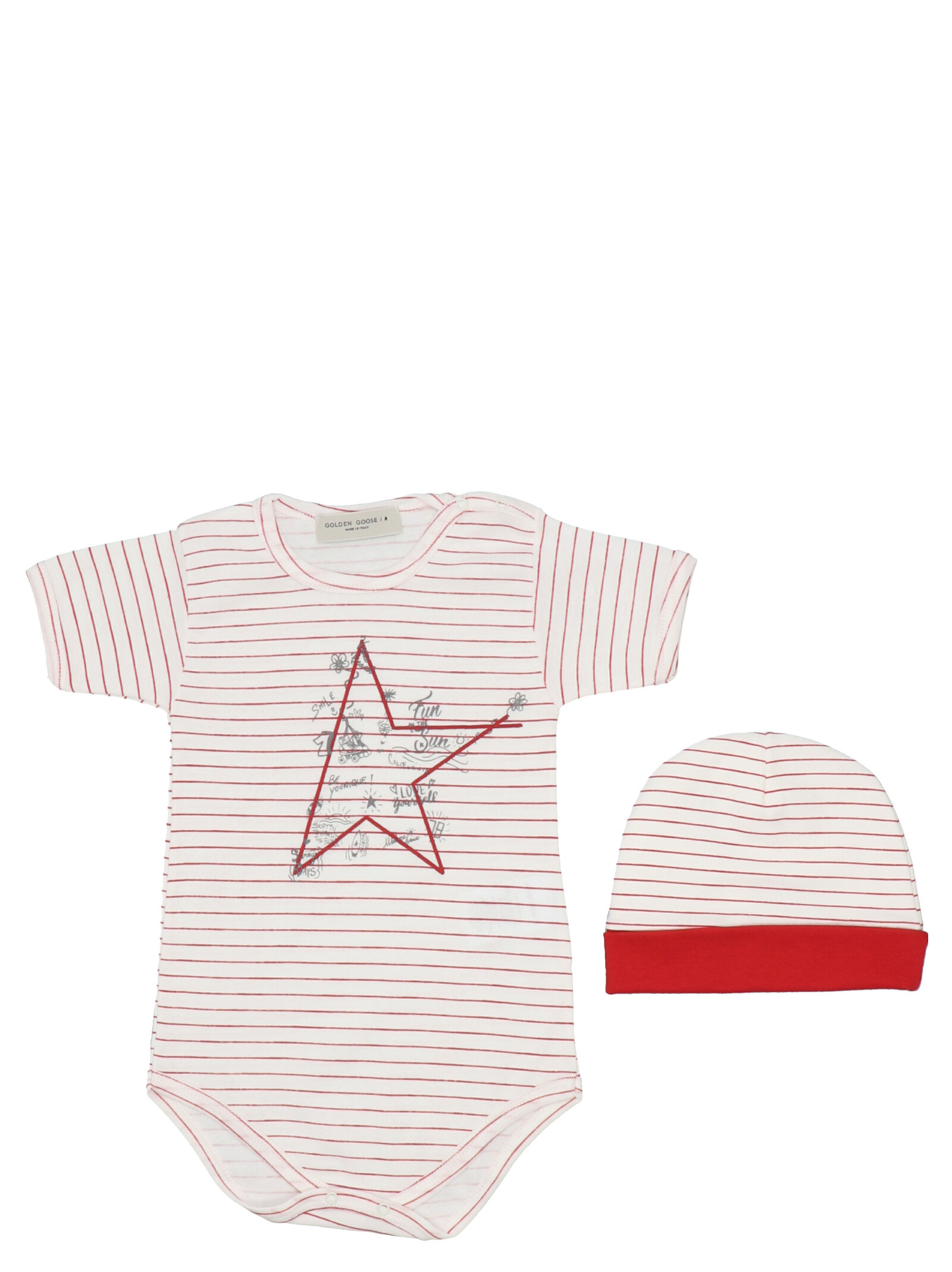 GOLDEN GOOSE BABY GIFT SET IN ECRU COTTON WITH RED STAR AND STRIPES