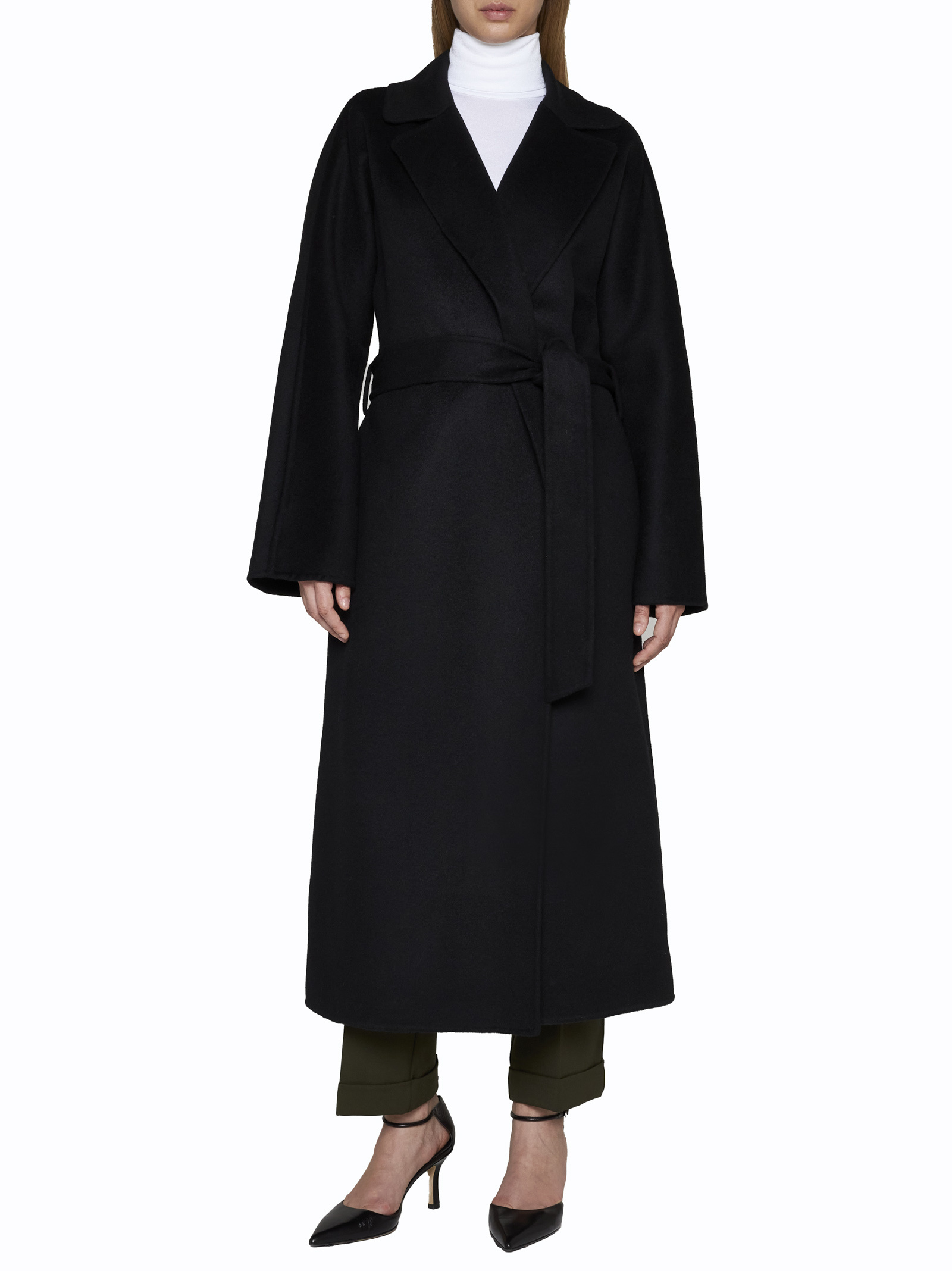 P.a.r.o.s.h Black Belted-waist Cashmere Midi Coat In Black