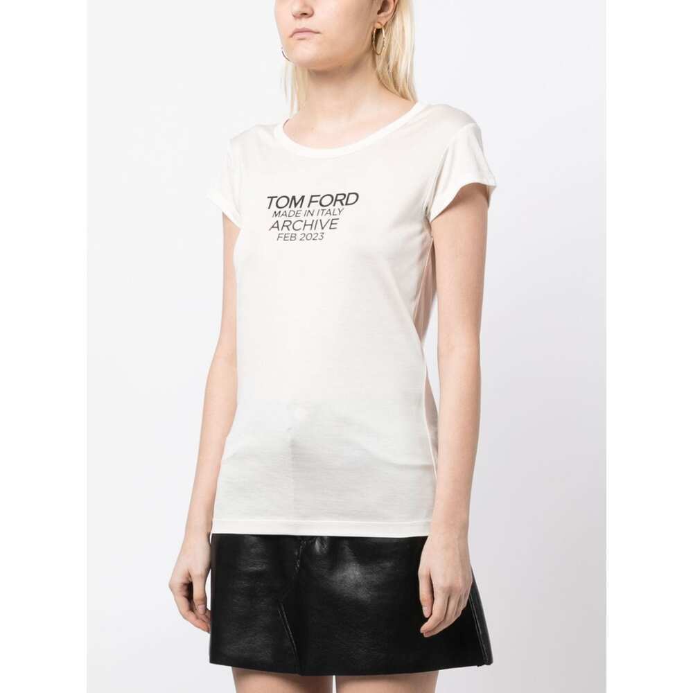 Tom Ford Silk T-shirt With Cap Sleeves And Printed Design In Beige