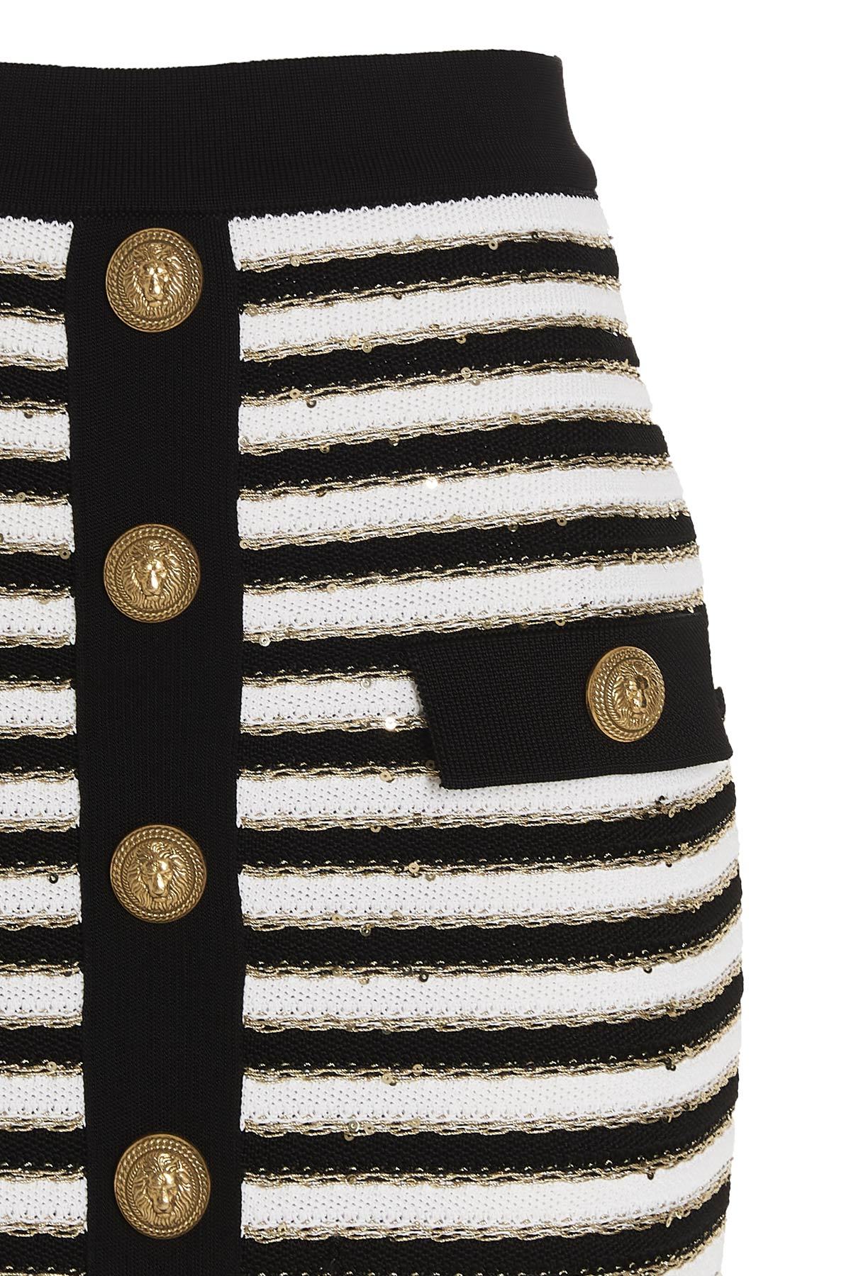 Balmain Button-embellished Metallic Striped Knitted Mini Skirt In Black