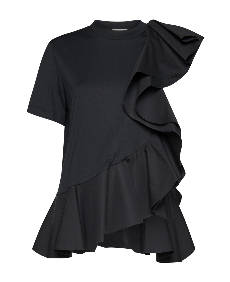 Alexander Mcqueen Mixed Media Ruffle Detail Cotton Top In Black