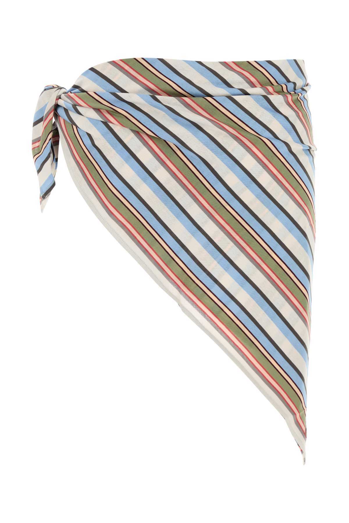 Prada Cotton Sarong With Embroidered Stripes And Tie Detail In Blue