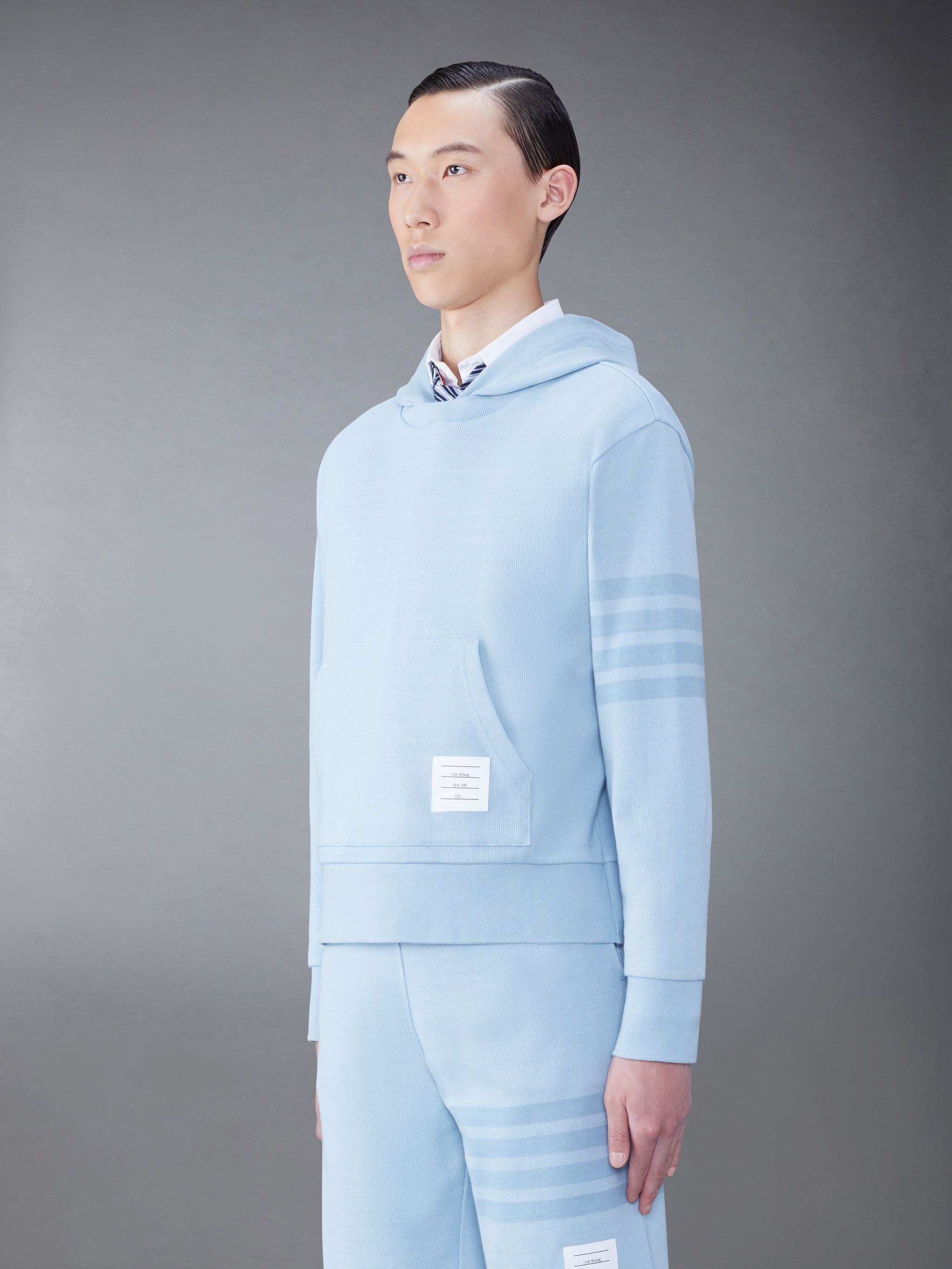 Thom Browne 4 Bar Double Face Knit Hoodie Light Blue In Blue