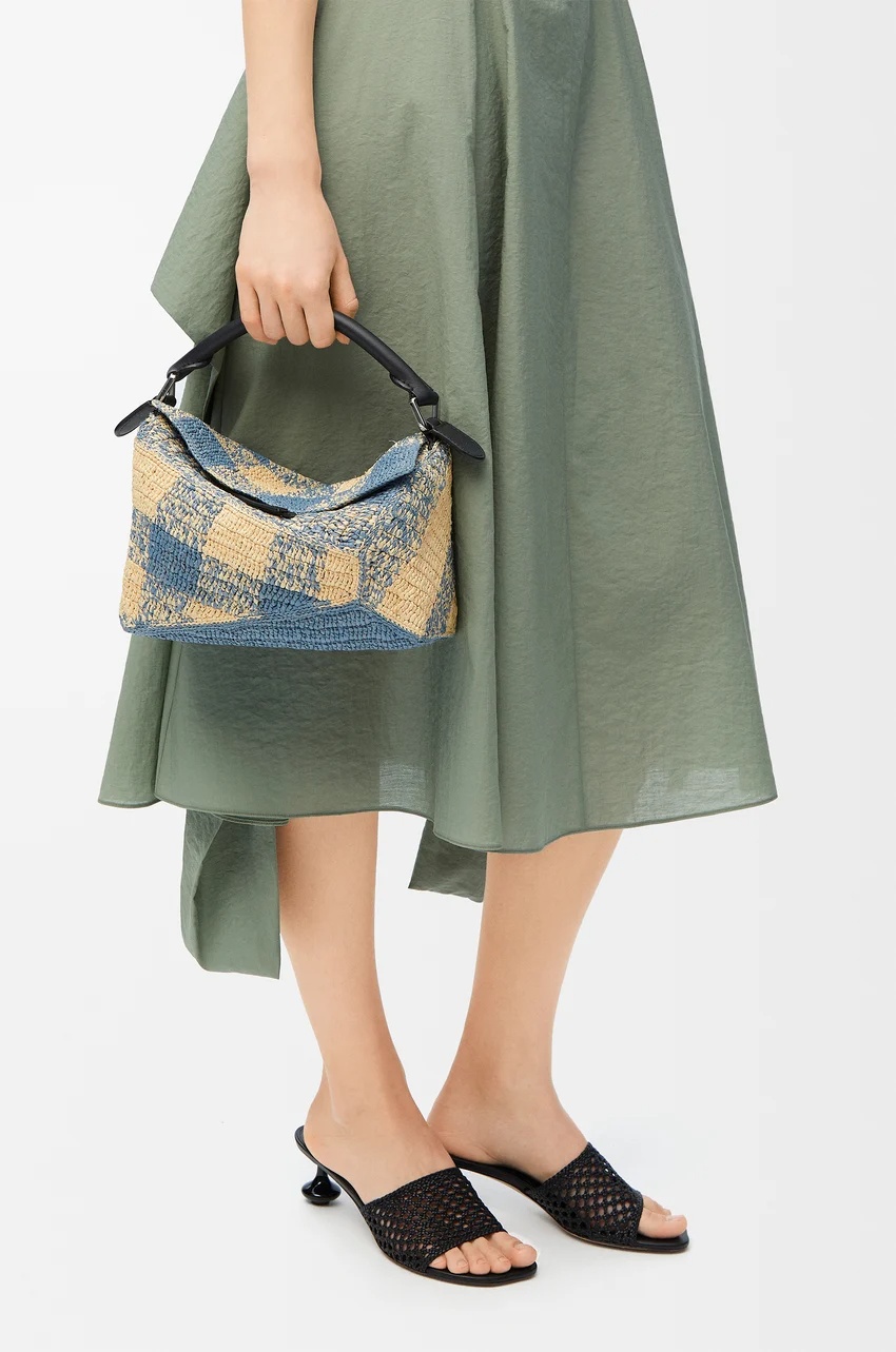 Loewe Small Puzzle Edge Bag In Raffia And Calfskin