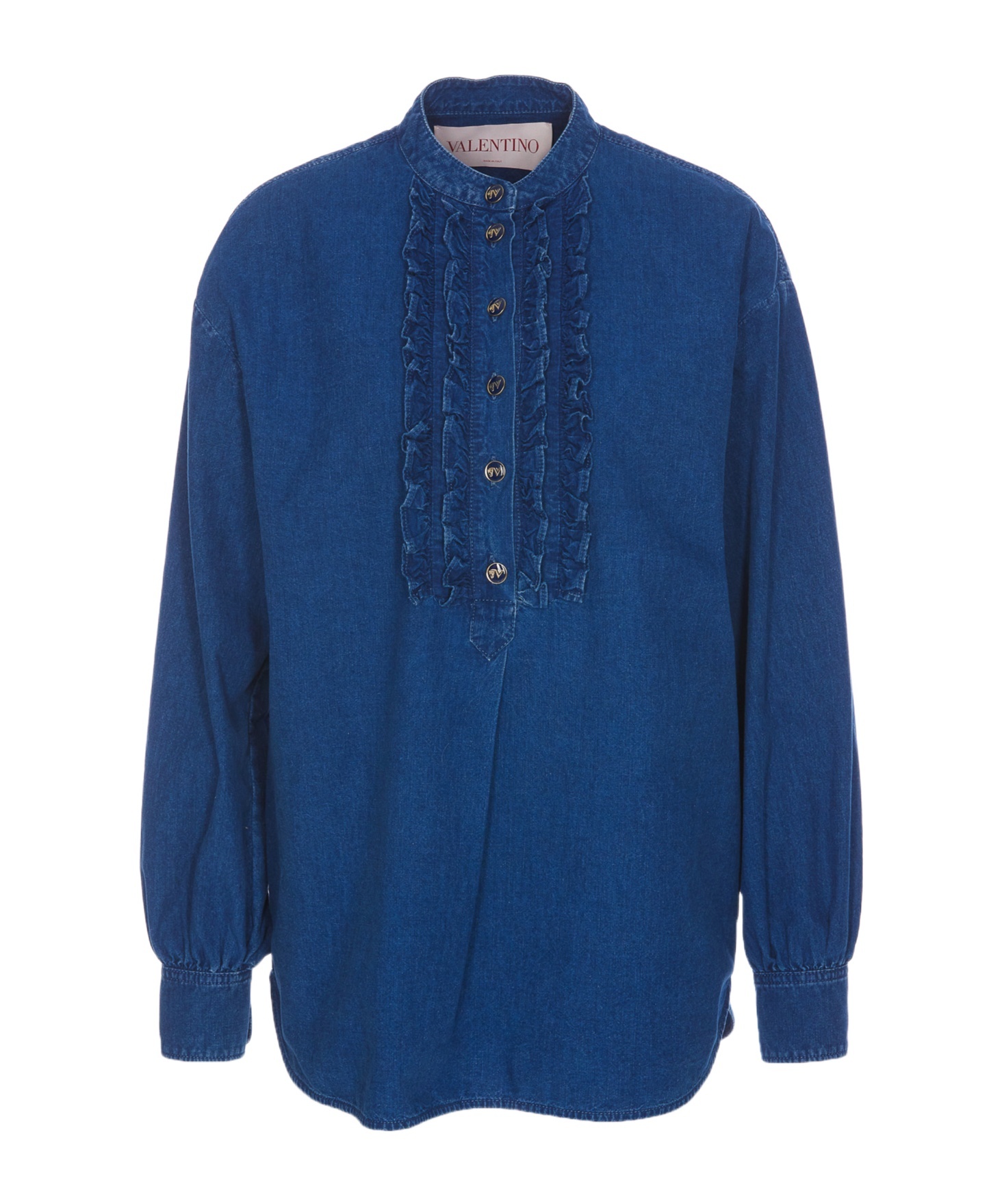 Valentino Classic Blue Denim Shirt With Ruffled Placket In Blue