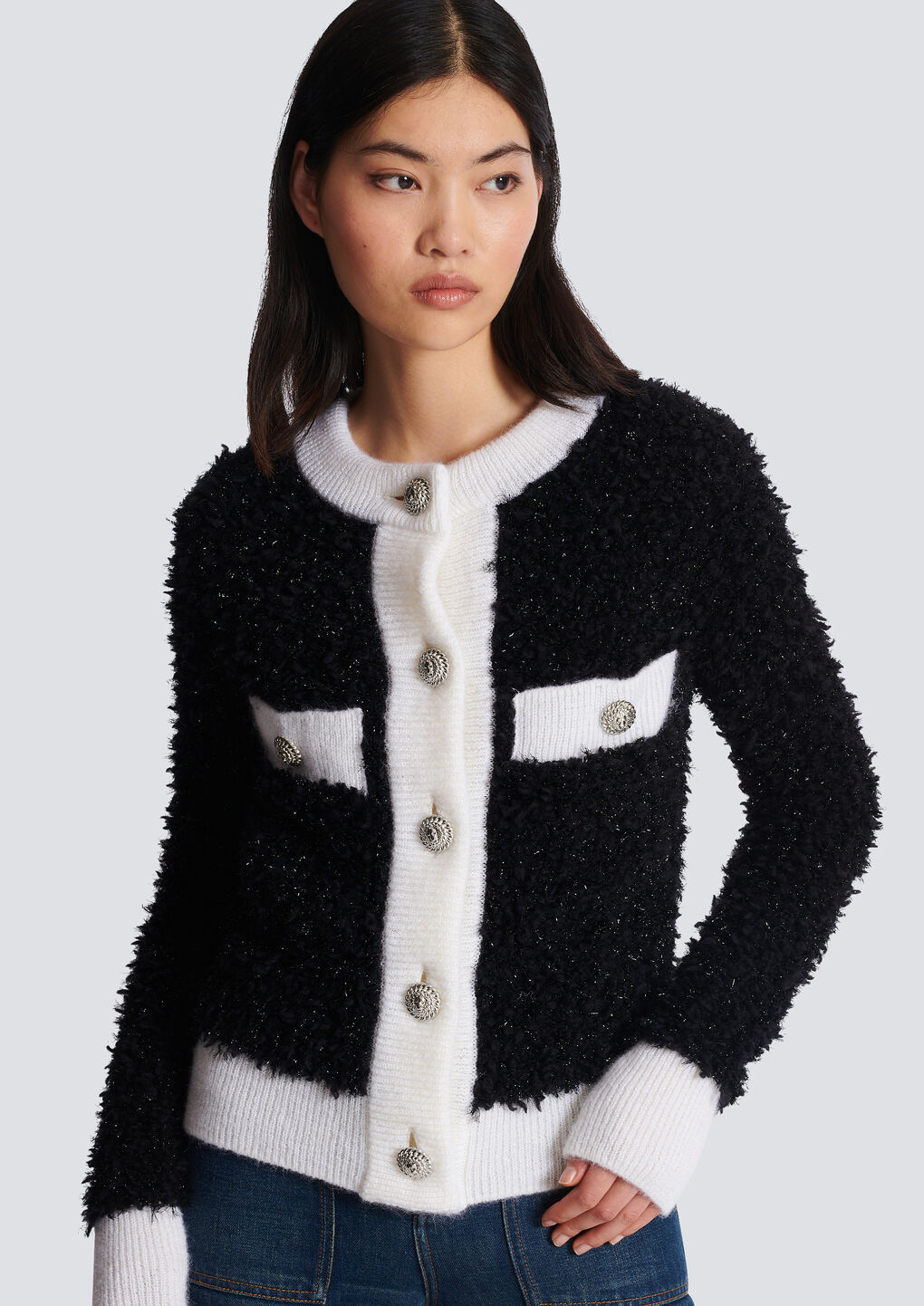 Balmain Buttoned Textured Knit Cardigan In Black