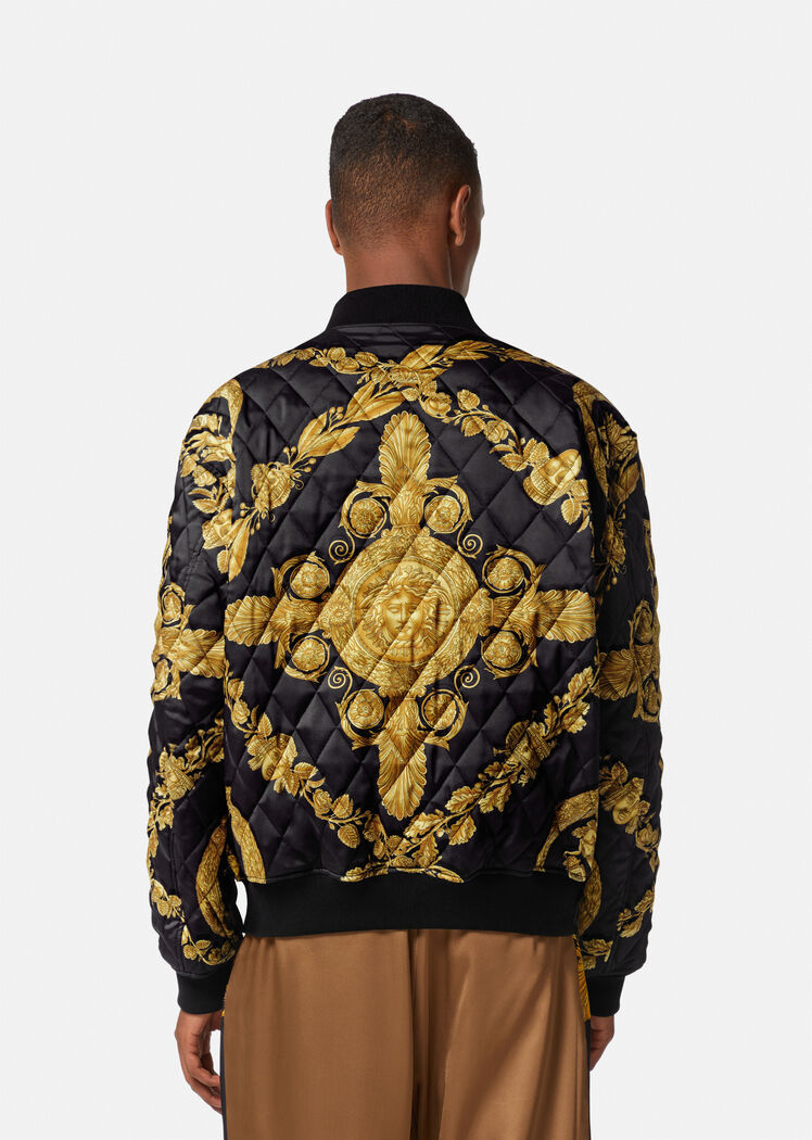 Versace Maschera Baroque-print Quilted Bomber Jacket In Gold