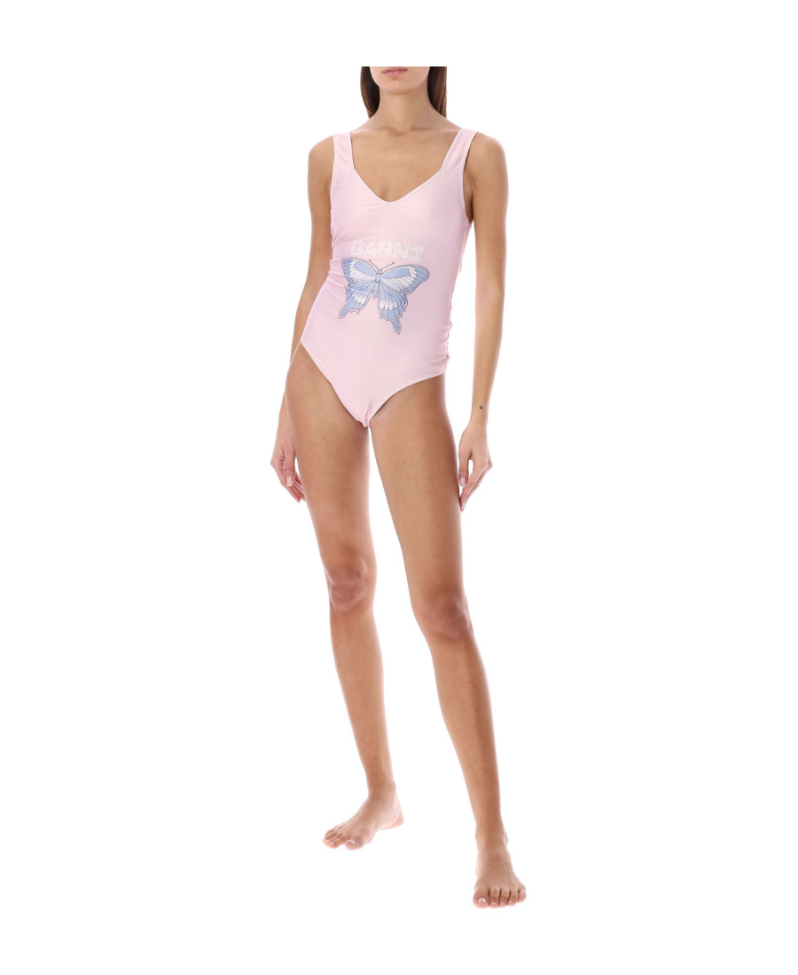 Ganni Graphic Deep Cut One Piece Swimsuit Light Lilac 38 In White