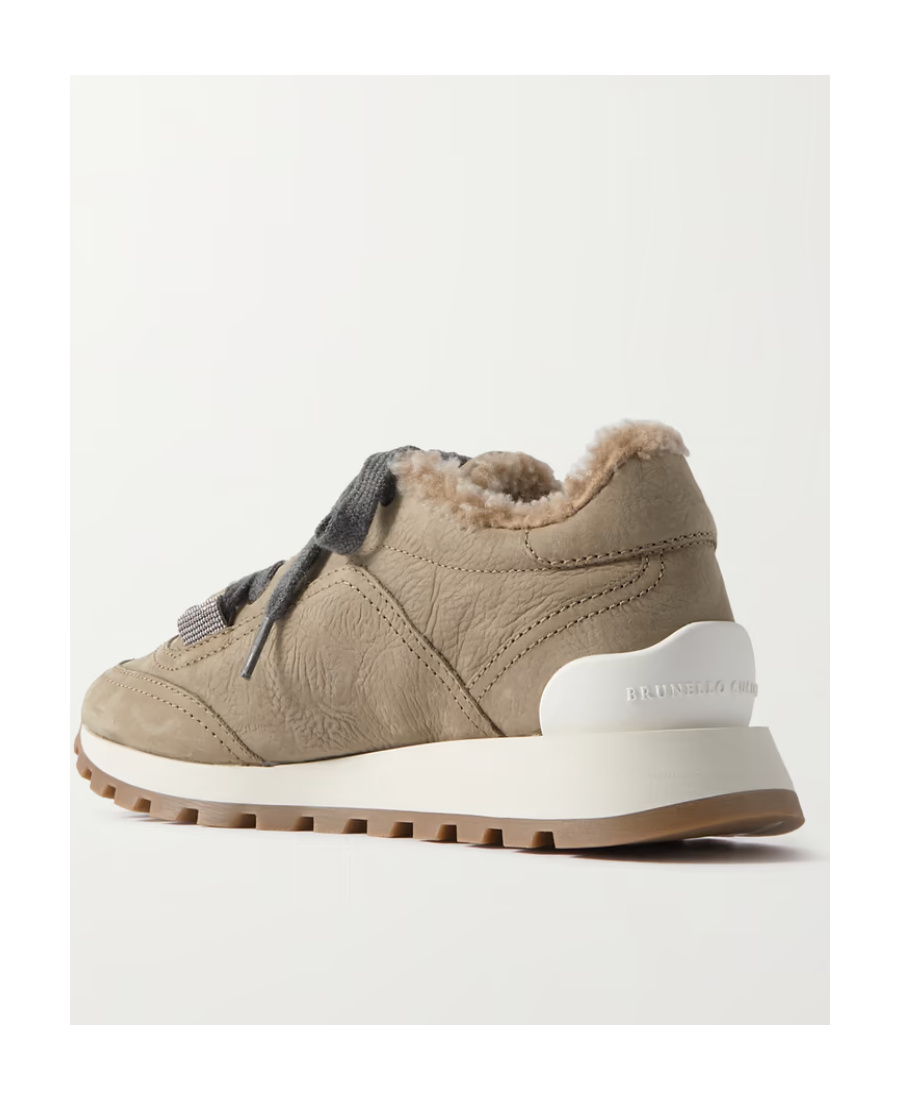 Brunello Cucinelli Shearling-lined Low-top Sneakers In Brown