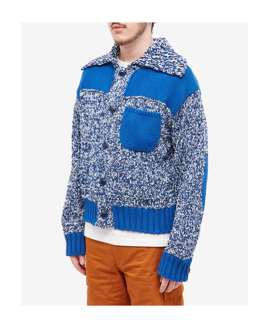 Kenzo Contrast-panel Knitted Cardigan In Blue
