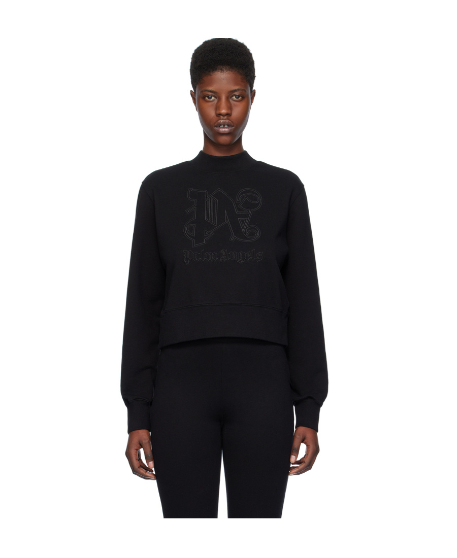Palm Angels Cropped Cotton Sweatshirt With Ribbed Crew-neck In Black