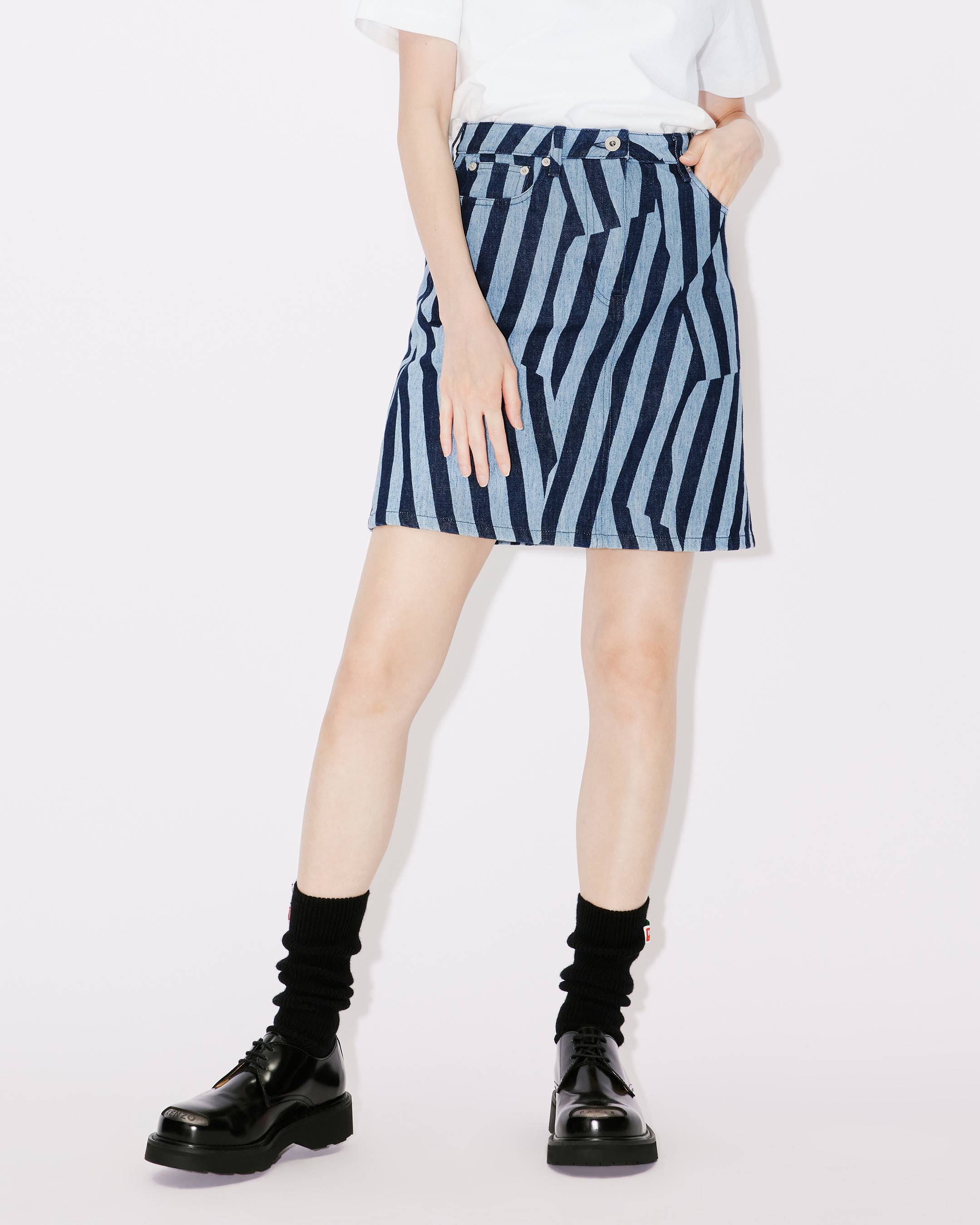 Kenzo Striped Denim Skirt Featuring Pockets In Blue